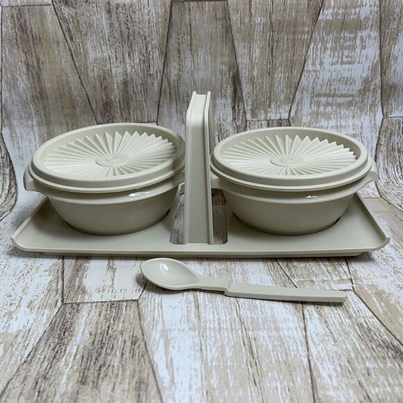 Vintage TUPPERWARE two 1323 Condiment Bowls W/Lids 812 Caddy 1550 spoon - Picture 2 of 16